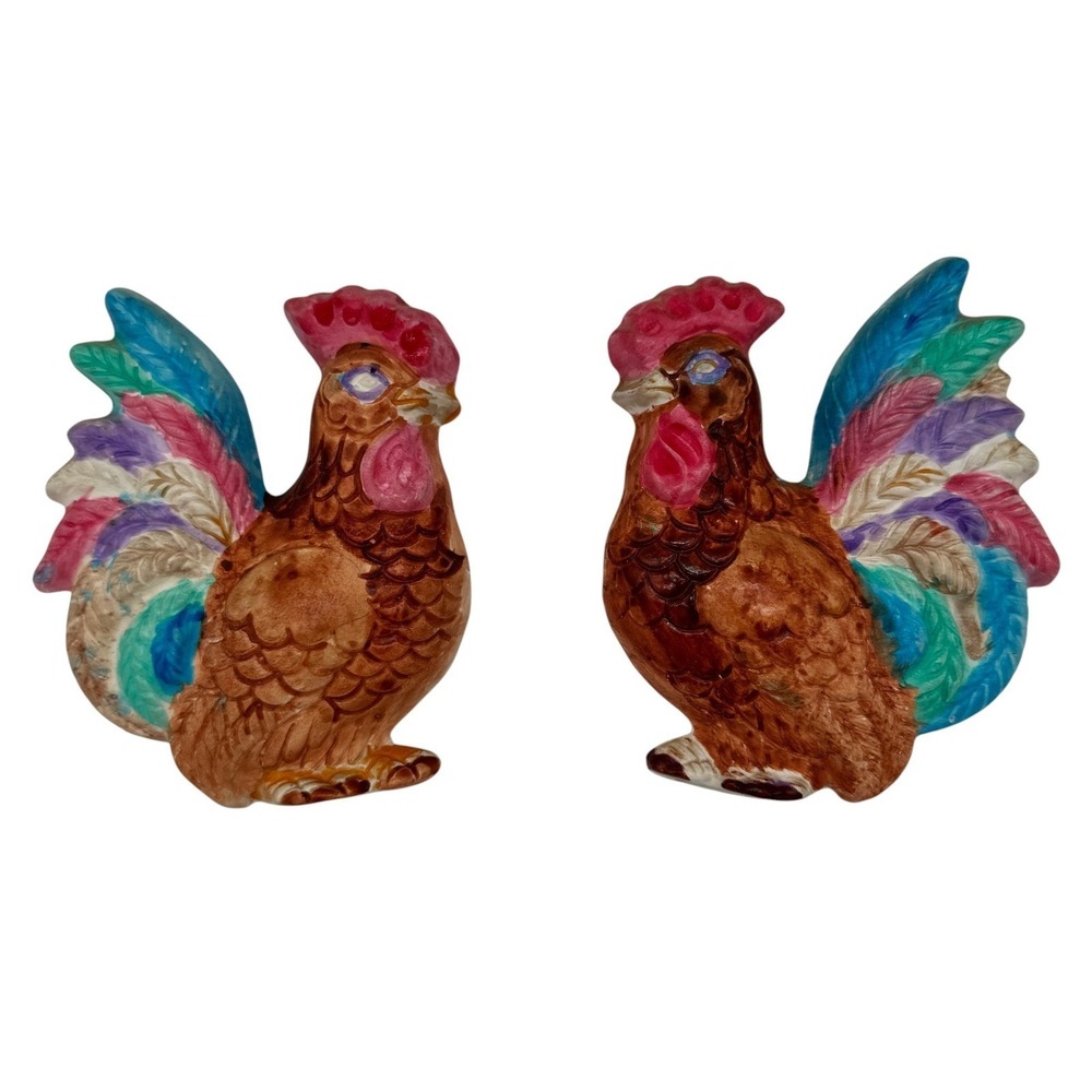 Vintage Ceramic Rooster Wall Hanging Set Colorful Farmhouse Kitchen Decor Kitsch - Picture 12 of 12